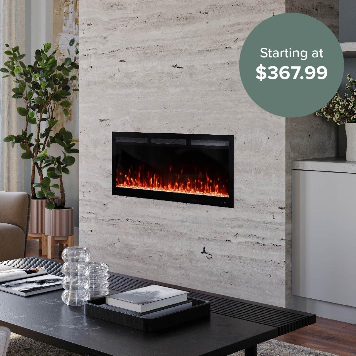 Modern living room with wall-mounted fireplace.