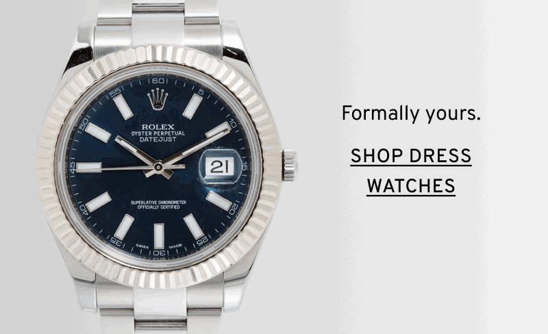 Stainless steel watch with dark dial and date window. Formally yours. Click to Shop Dress Watches