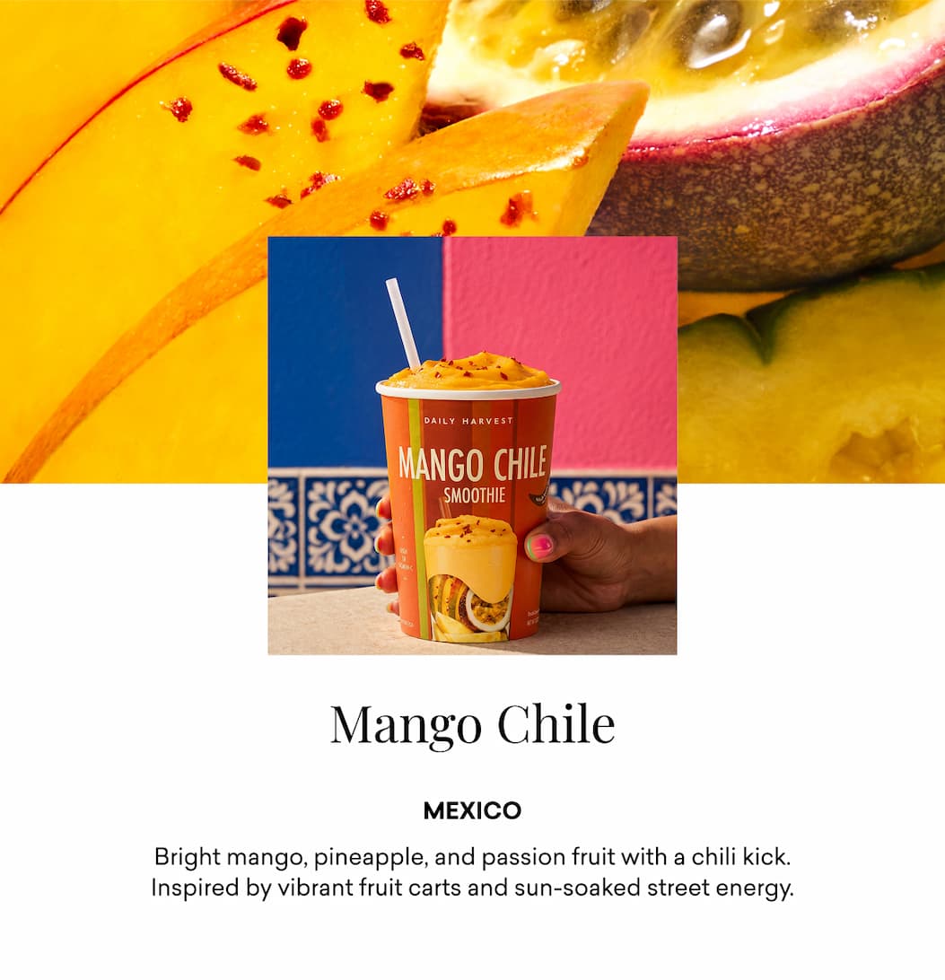 Mango Chile | Bright mango, pineapple, and passion fruit with a chili kick. Inspired by vibrant fruit carts and sun-soaked street energy.