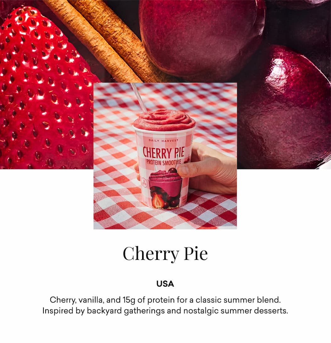 Cherry Pie Protein | Cherry, vanilla, and 15g of protein for a classic summer blend. Inspired by backyard gatherings and nostalgic summer desserts.