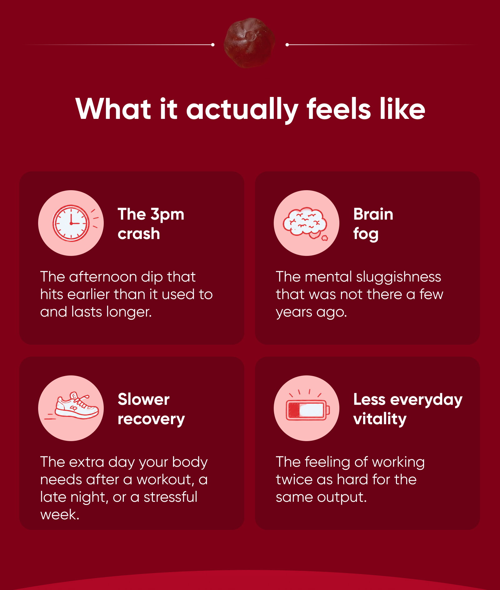 What it actually feels like. THE 3PM CRASH The afternoon dip that hits earlier than it used to and lasts longer.  BRAIN FOG The mental sluggishness that was not there a few years ago.  SLOWER RECOVERY The extra day your body needs after a workout, a late night, or a stressful week.  LESS EVERYDAY VITALITY The feeling of working twice as hard for the same output.