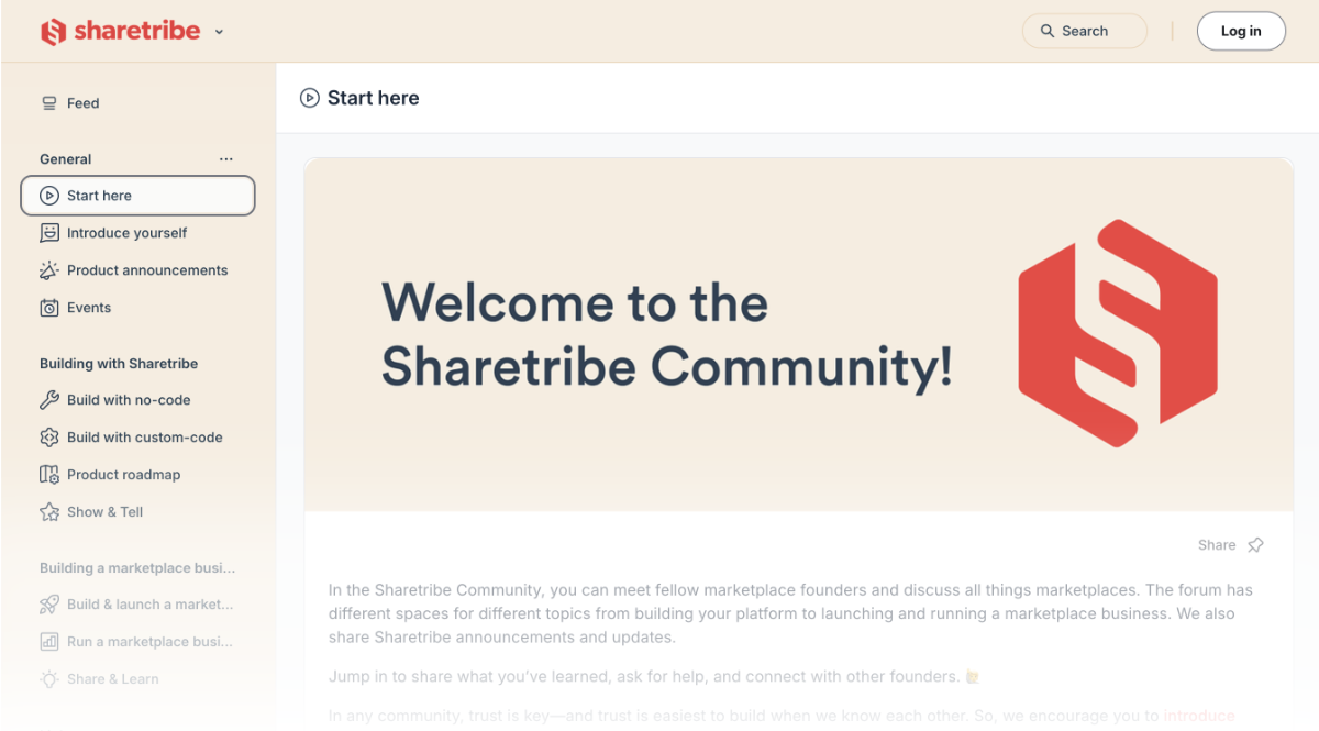 A screenshot of the "Start here" page on the Sharetribe Community Forum. The page says "Welcome to the Sharetribe Community!".