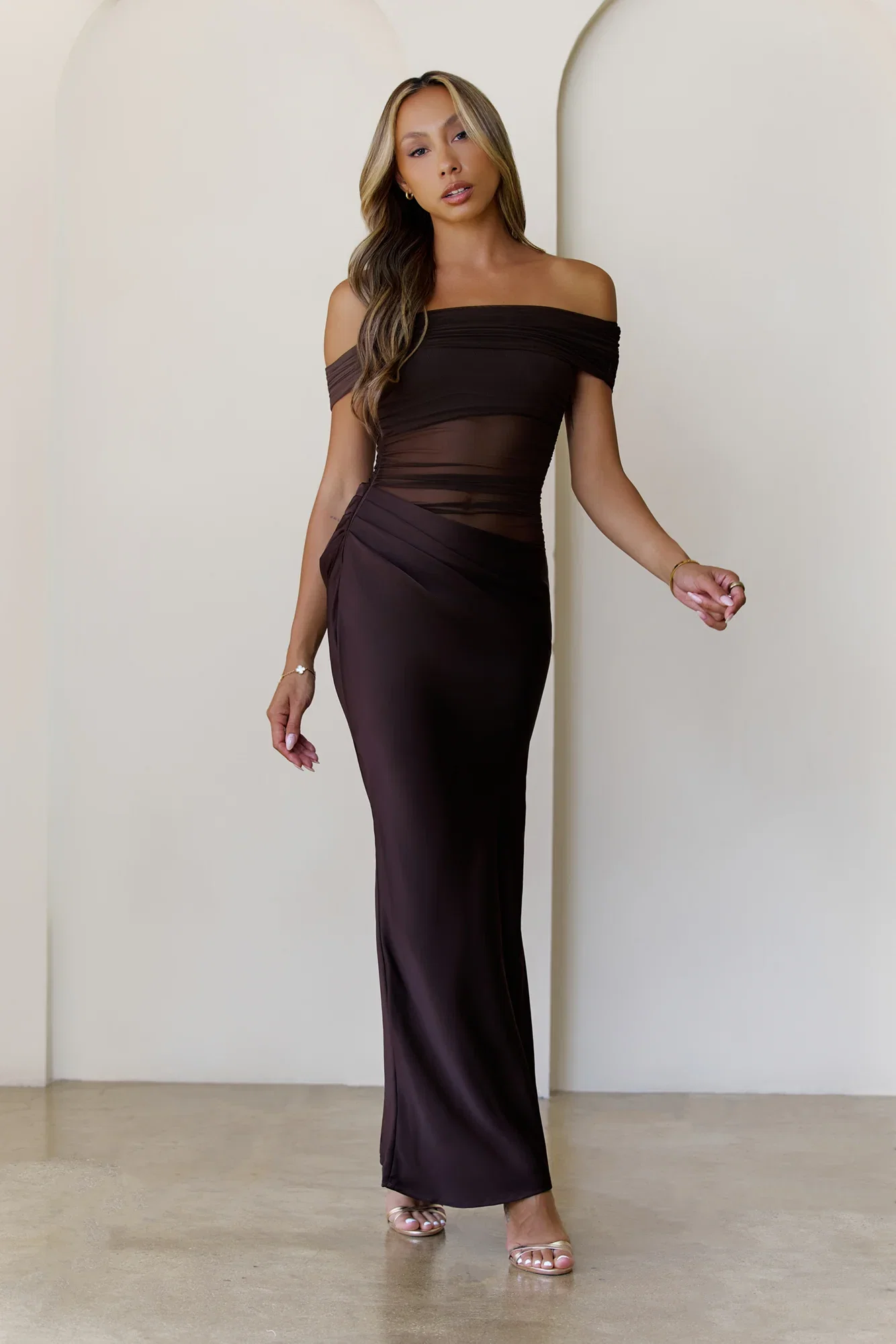 Image of Veiled Whispers Off Shoulder Maxi Dress Brown