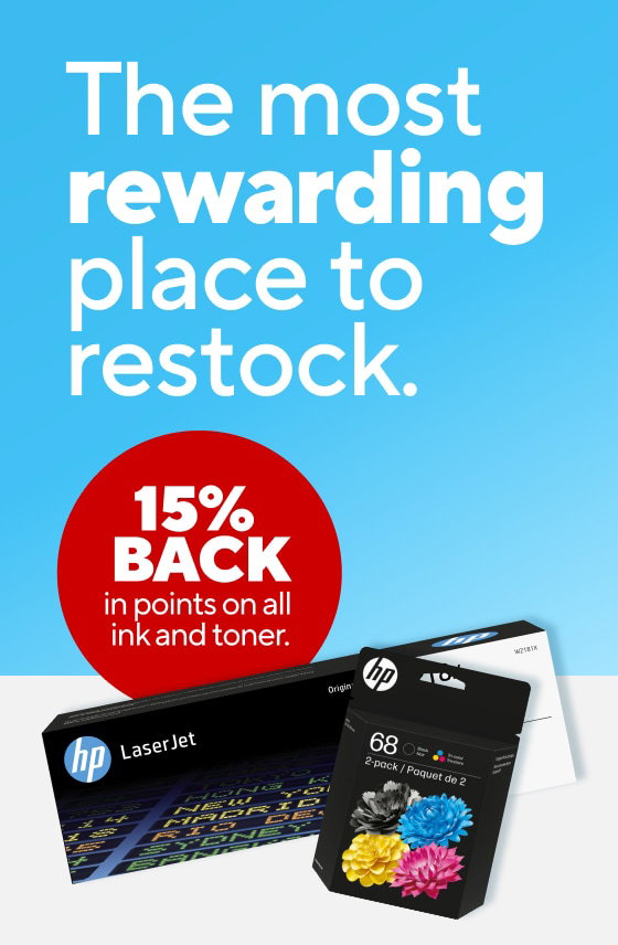 15% back in points on all ink and toner
$16.59 TRU RED copy paper, 3-ream case
Up to $130 off select HP printers
Up to $150 off custom print orders
As low as $3.99 for restaurant and retail store supplies