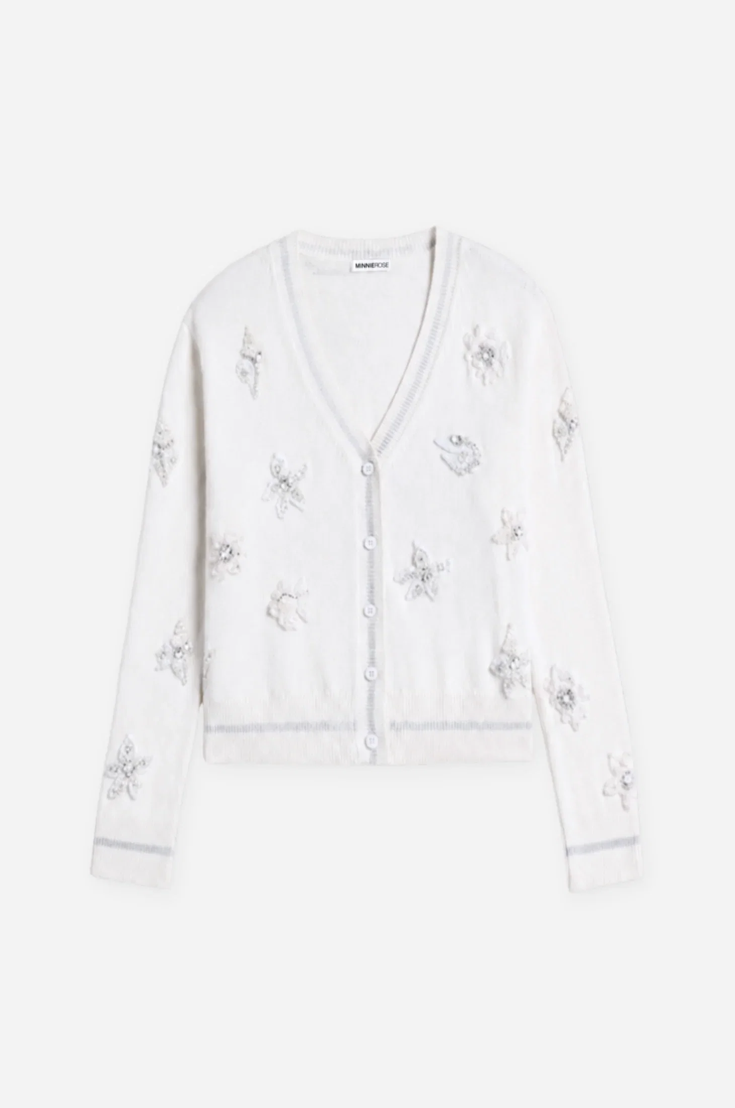 Image of Cotton Cashmere Pearl Applique Cardigan With Sheer Tipping