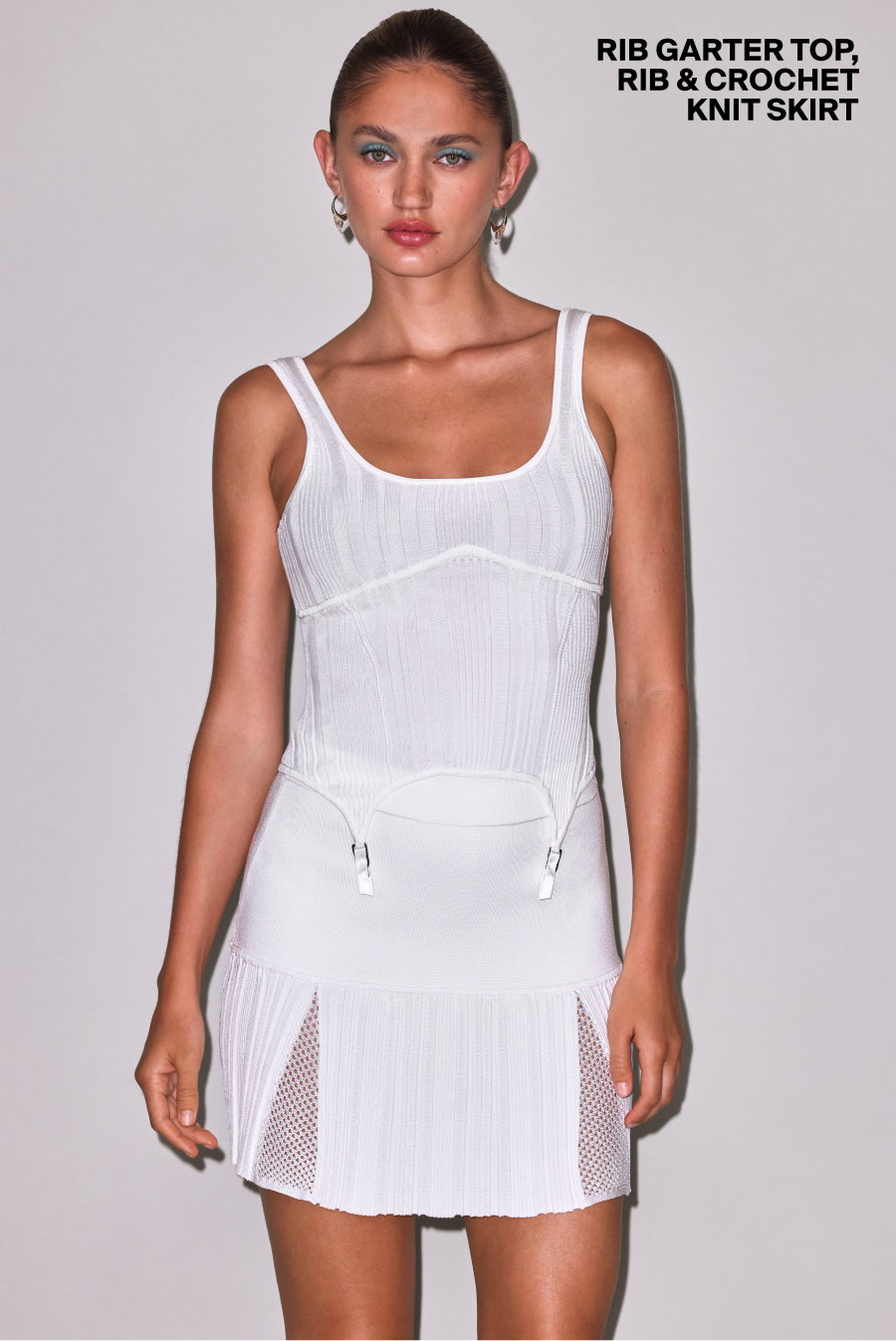 Rib Garter Top, Rib & Crochet Knit Skirt