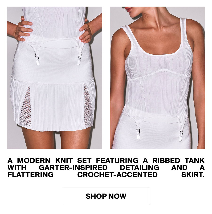 Rib Garter Top, Rib & Crochet Knit Skirt