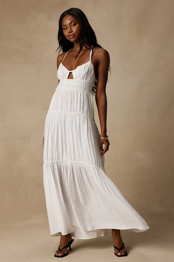 Image of Devaney White Tie-Back Maxi Dress
