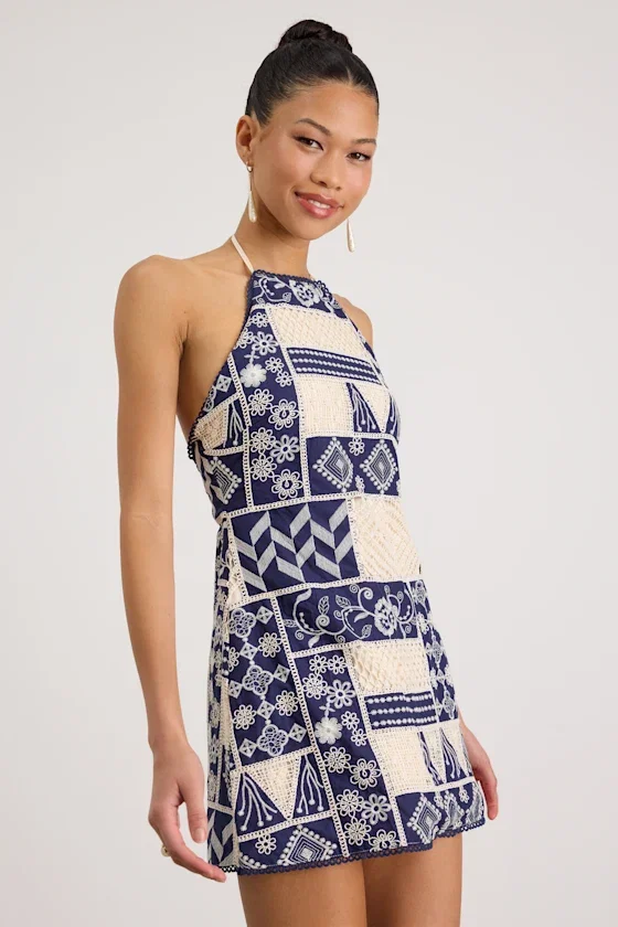 Image of Daisy Navy and Cream Embroidered Halter Mini Dress