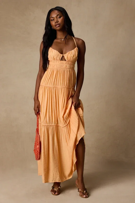 Image of Devaney Light Orange Tie-Back Maxi Dress
