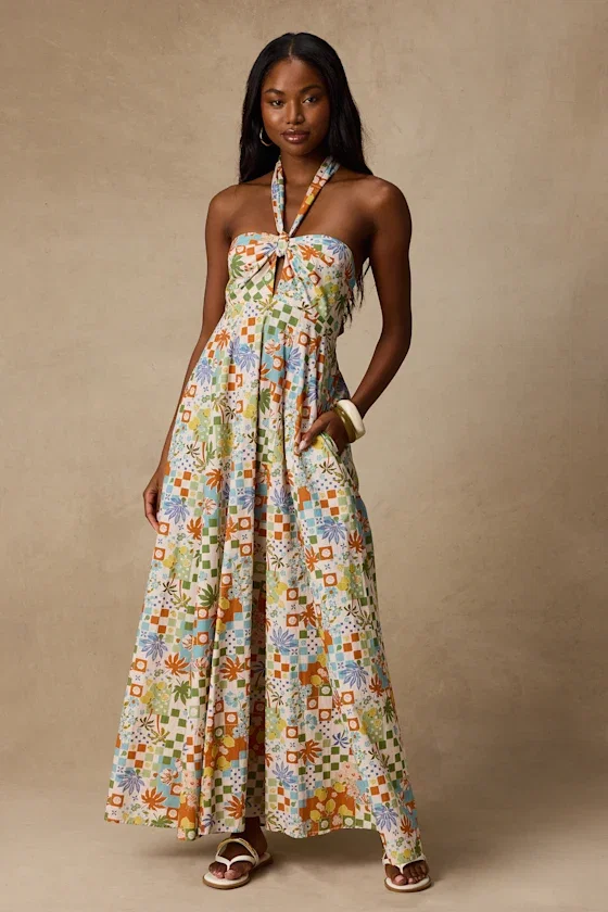Image of Renata Ivory Multi Print Halter Maxi Dress