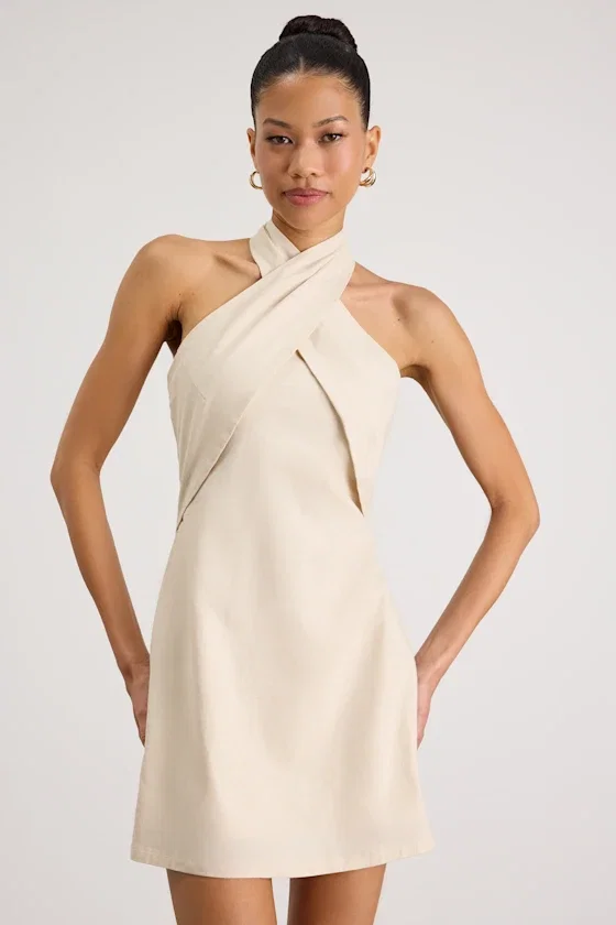 Image of Alette Light Beige Cross-Front Halter Mini Dress