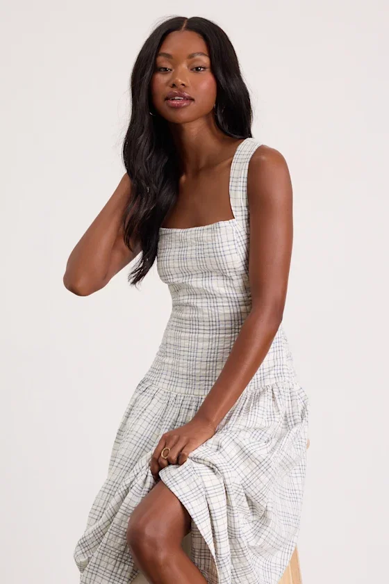 Image of Matilda White Plaid Drop Waist Midi Dress