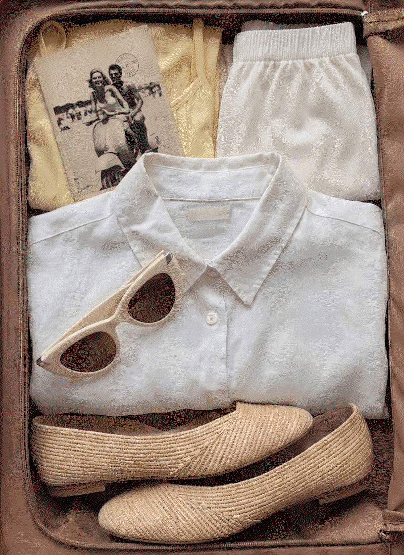 GIF of clothing packed in a suitcase and clothing hanging in a closet