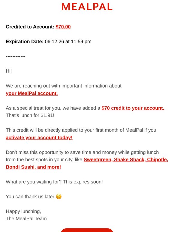 $70 credited to your account!