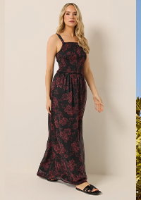 Black & Red Rose Shirred Maxi Dress