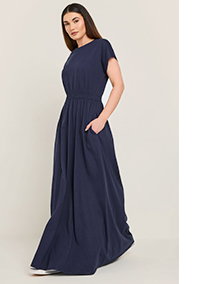 Navy Blue Jersey Shirred Waist Cotton Maxi Dress