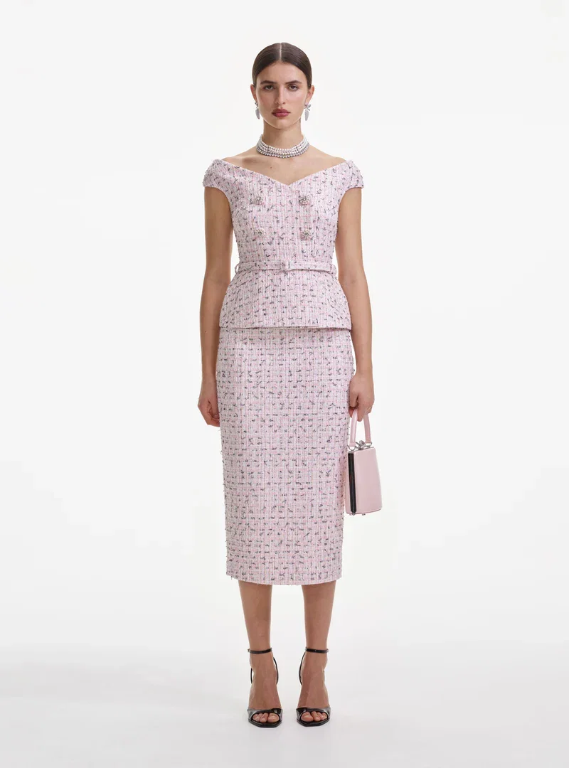 PINK BOUCLE PEARL MIDI DRESS