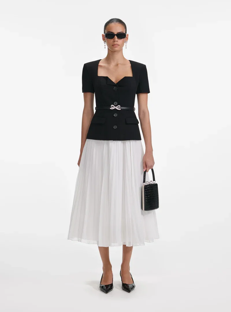 BLACK TAILORED CONTRAST CHIFFON MIDI DRESS