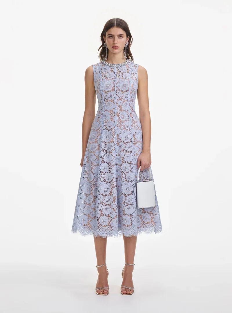 BLUE FINE LACE PEARL MIDI DRESS