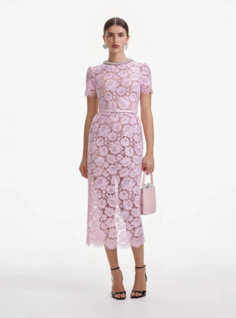 PINK FINE LACE PEARL MIDI DRESS