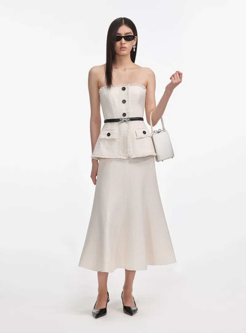 CREAM BOUCLE BANDEAU MIDI DRESS