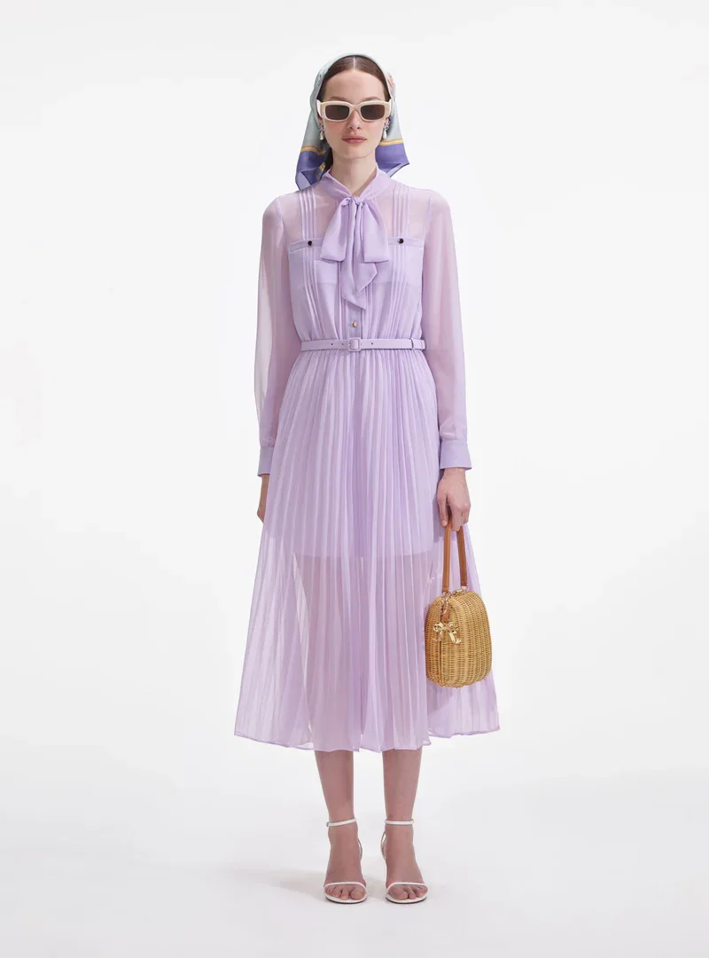 LILAC CHIFFON TIE NECK MIDI DRESS