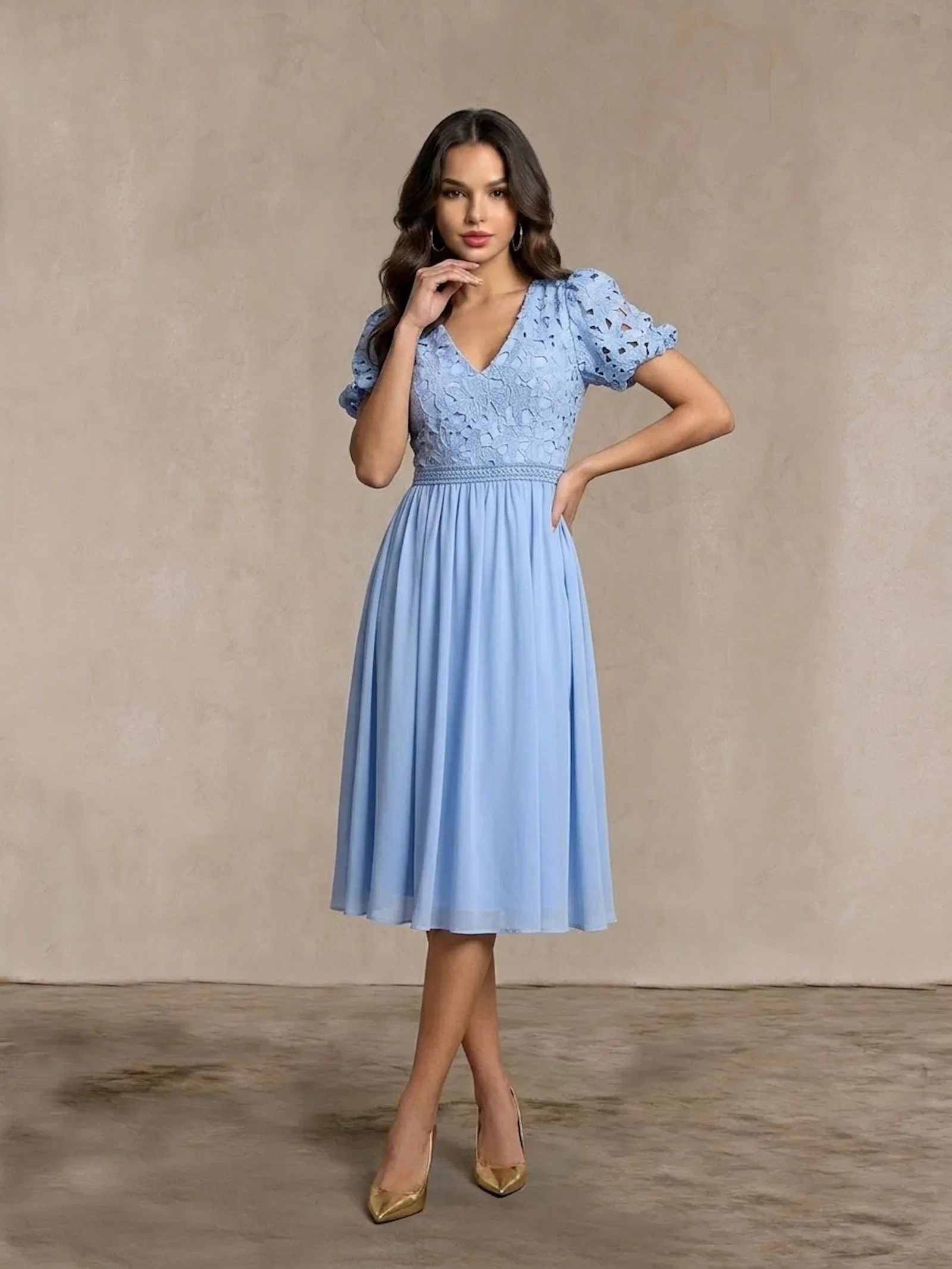 Image of Puff Sleeve Premium Lace Midi Dress in Blue