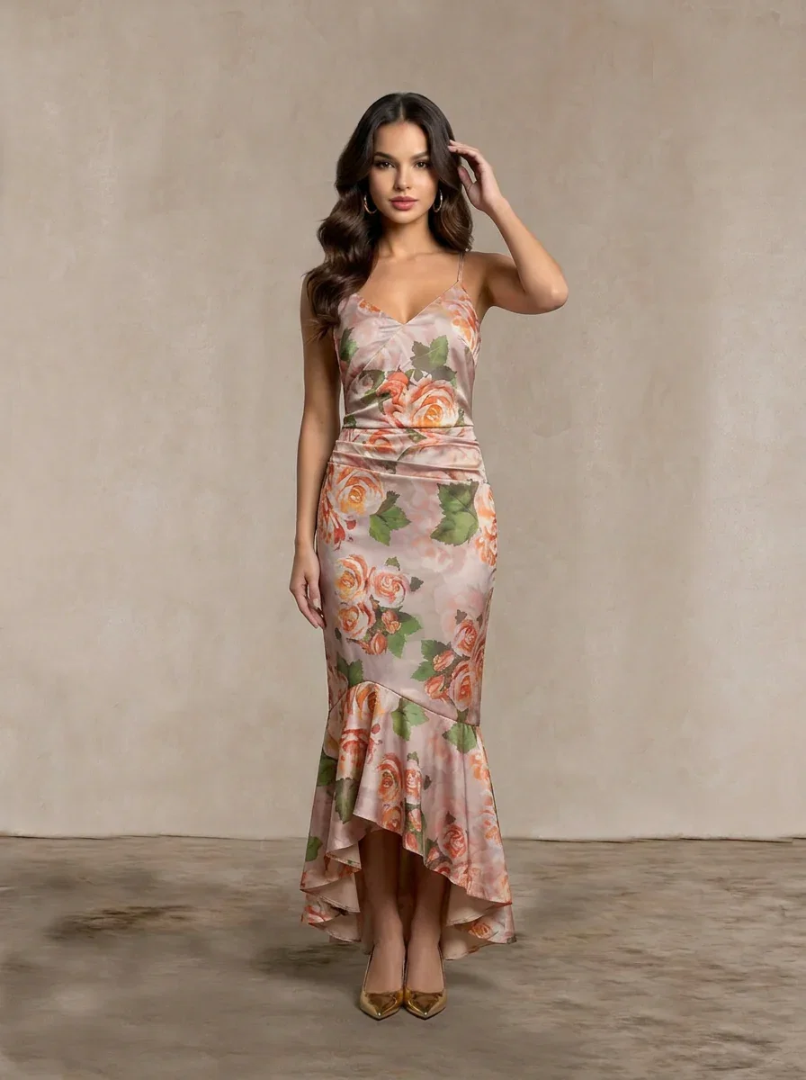 Image of Sleeveless Floral Print Ruffle Midi Dress in Pink