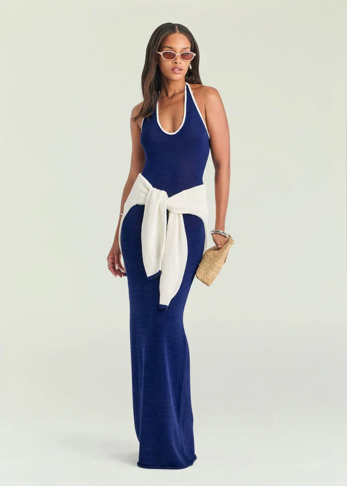 Image of  Anora Knit Dress - Mariner Blue/White
