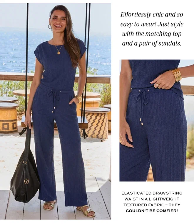 Navy Blue Textured Wide Leg Trousers