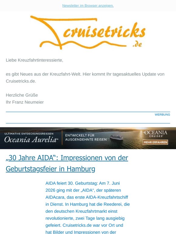 News, u.a.: "„30 Jahre AIDA“: Impressionen von der Geburtstagsfeier in Hamburg" - von cruisetricks.de