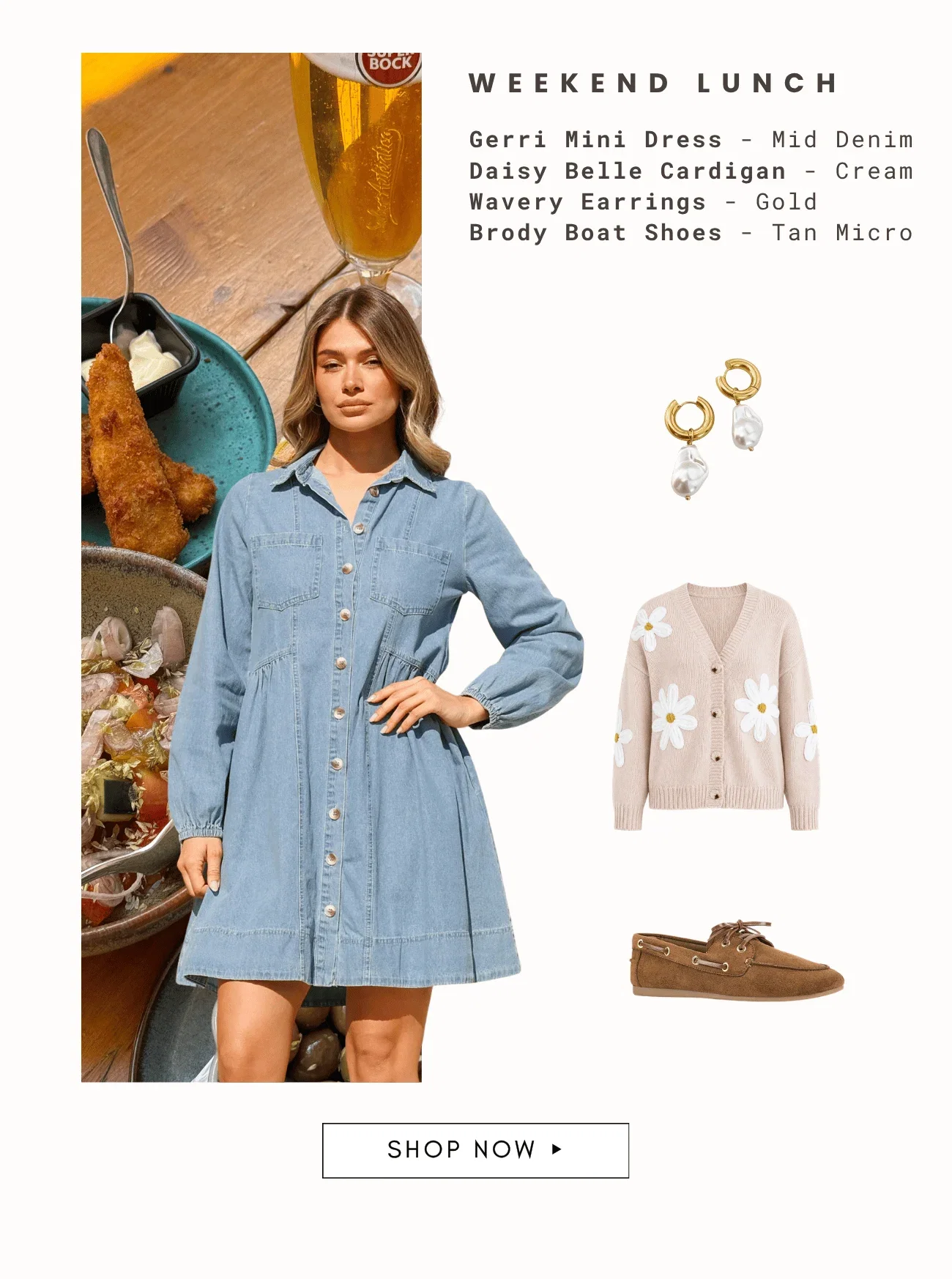 A medium shot shows a woman in a light blue denim dress standing next to a table with food and a glass of beer, with a beige cardigan adorned with whi...