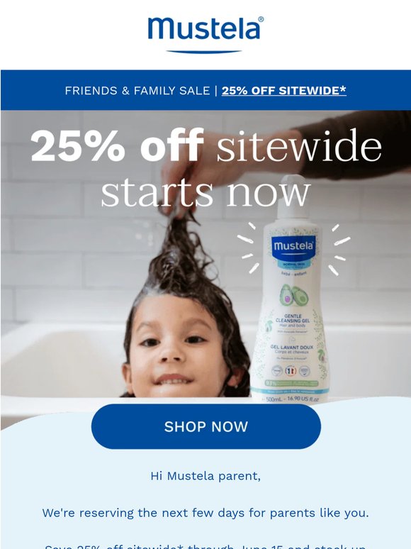 25% off sitewide starts now for Mustela friends & family