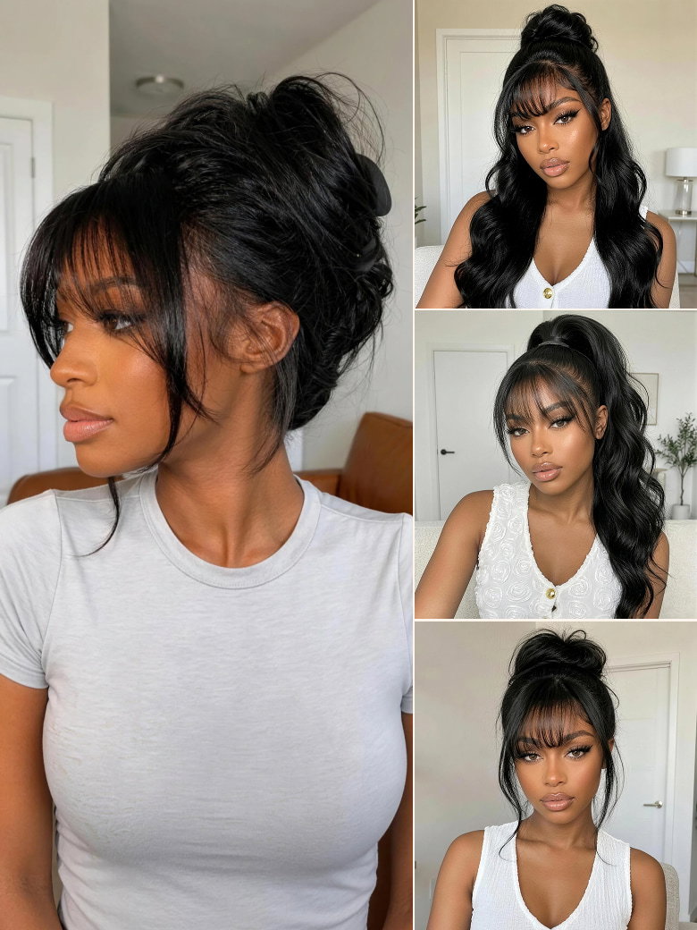 7x5 Bye-Bye Slip™ & 13x4 Pre-Everything™ Pull & Go Black Fluffy Loose Wave Wispy Bangs Glueless Wig