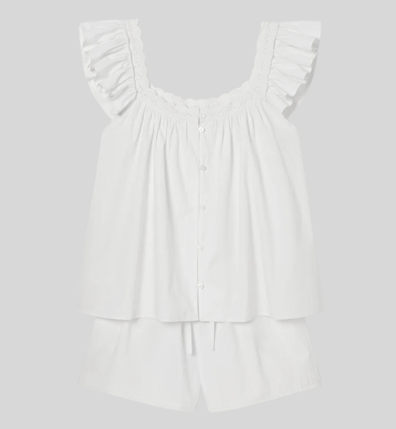 White Embroidered Cotton Frill Cami Shorts Set