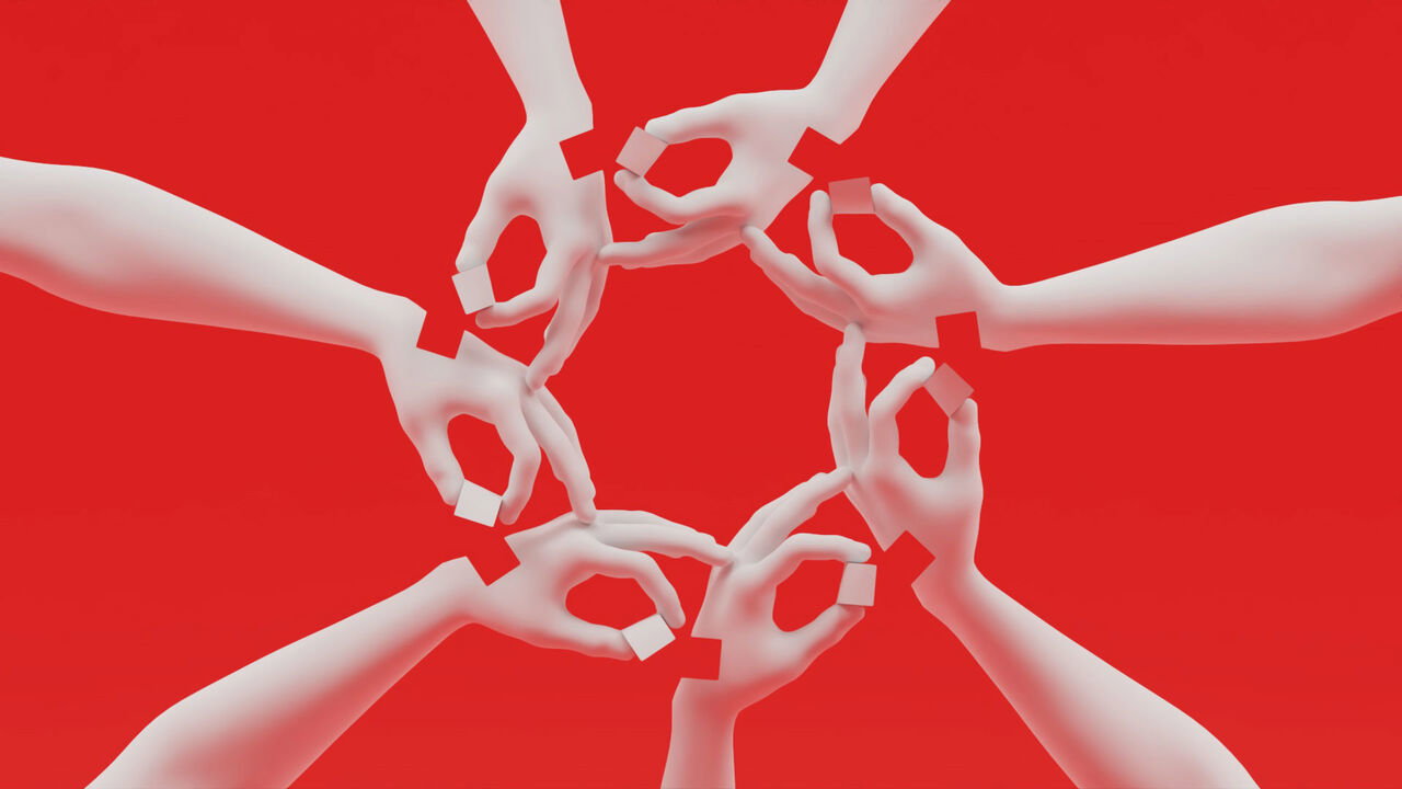 illustration of a circle of robotic hands placing a puzzle piece into a matching robotic hand. The interconnected arrangement forms a continuous loop.