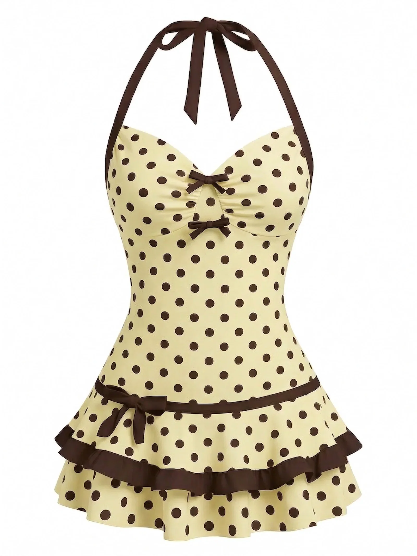 [Pre-Sale] Cream 1940s Halter Bow Polka Dot Swim Dress
