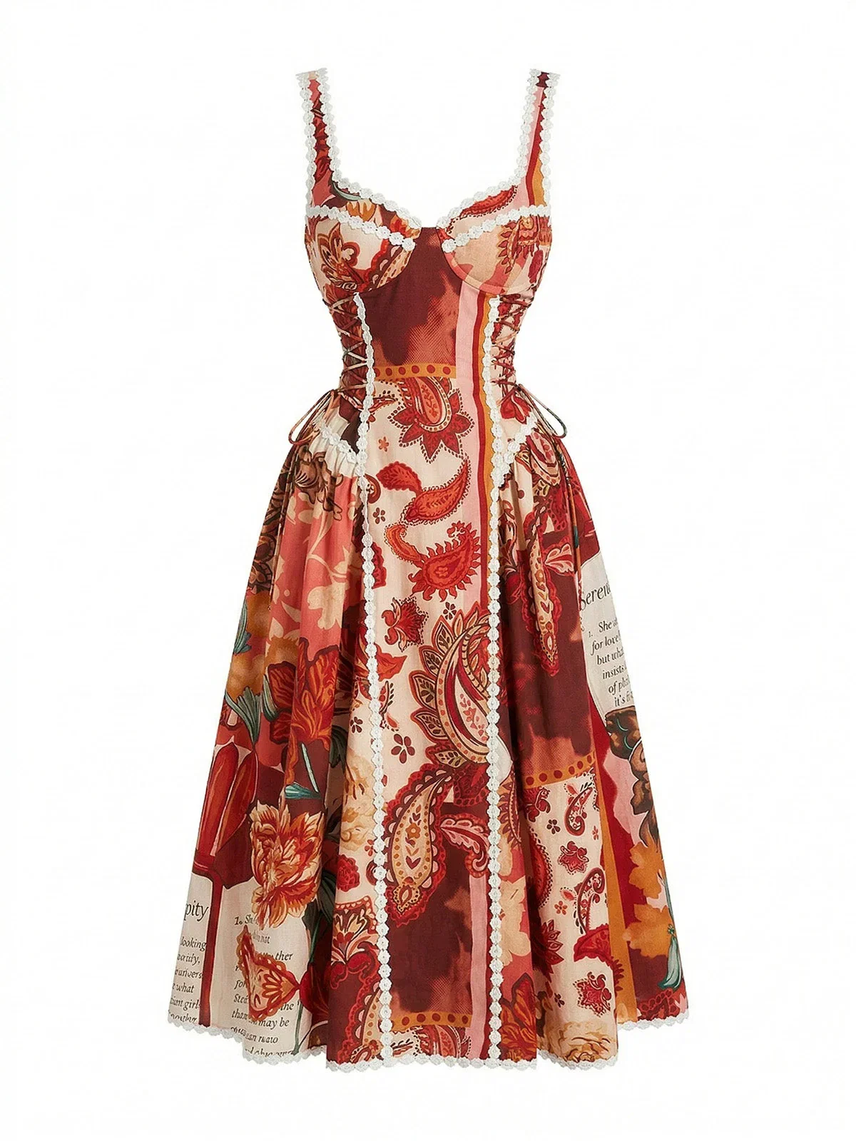 Red 1950s Floral Paisley Print Sweetheart Neck Dress