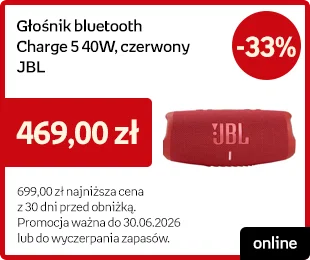 Głośnik bluetooth Charge 5 40W czerwony JBL -33% | 469,00 zł | 699,00 zł najniższa cena z 30 dni przed obniżką | Promocja ważna do 30.06.2026 lub do wyczerpania zapasów.