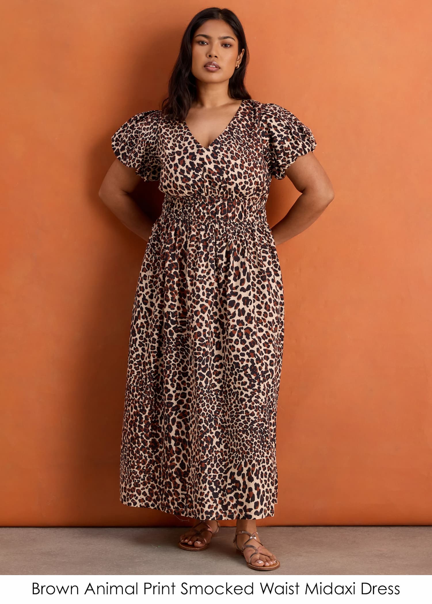 Brown Animal Print Smocked Waist Midaxi Dress