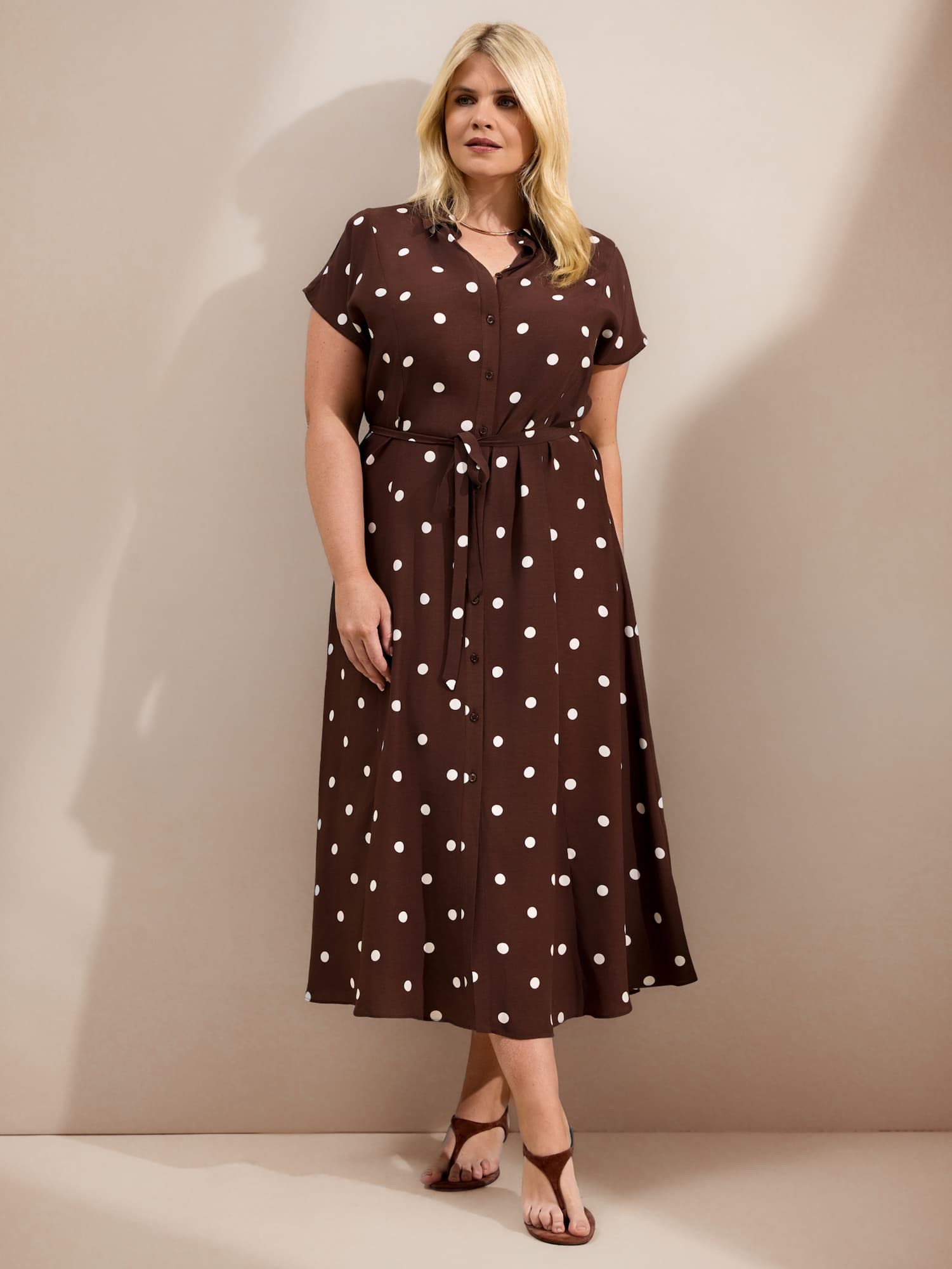 Chocolate Polka Dot Print Midaxi Shirt Dress