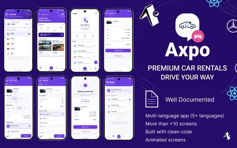 Axpo – Premium Car Rental App UI Kit | React Native & Expo SDK 54