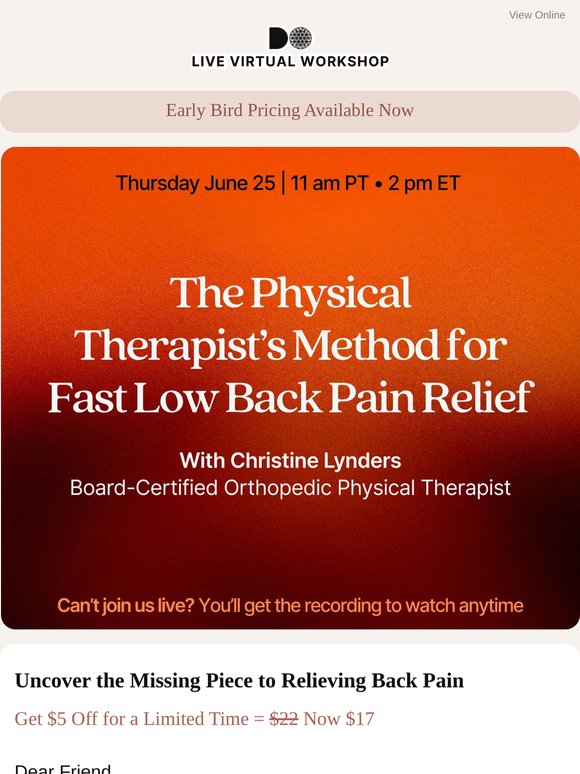 The Physical Therapist’s Method for Fast Low Back Pain Relief [Live Virtual Workshop]