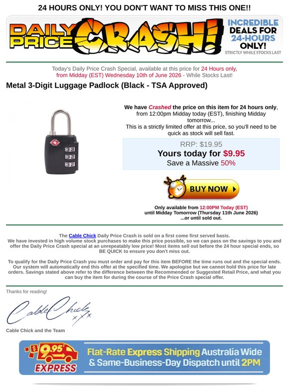 PRICE CRASH: Metal 3-Digit Luggage Padlock - SAVE 50%