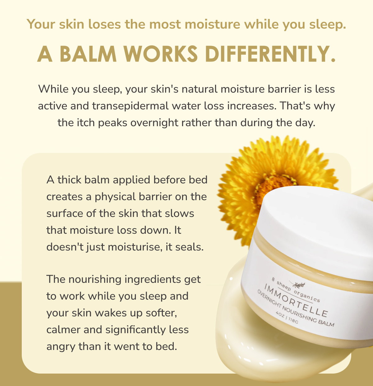 Your skin loses the most moisture while you sleep. A balm works differently.  While you sleep, your skin's natural moisture barrier is less active and transepidermal water loss increases. That's why the itch peaks overnight rather than during the day.  A thick balm applied before bed creates a physical barrier on the surface of the skin that slows that moisture loss down. It doesn't just moisturise, it seals. The nourishing ingredients get to work while you sleep and your skin wakes up softer, calmer and significantly less angry than it went to bed.