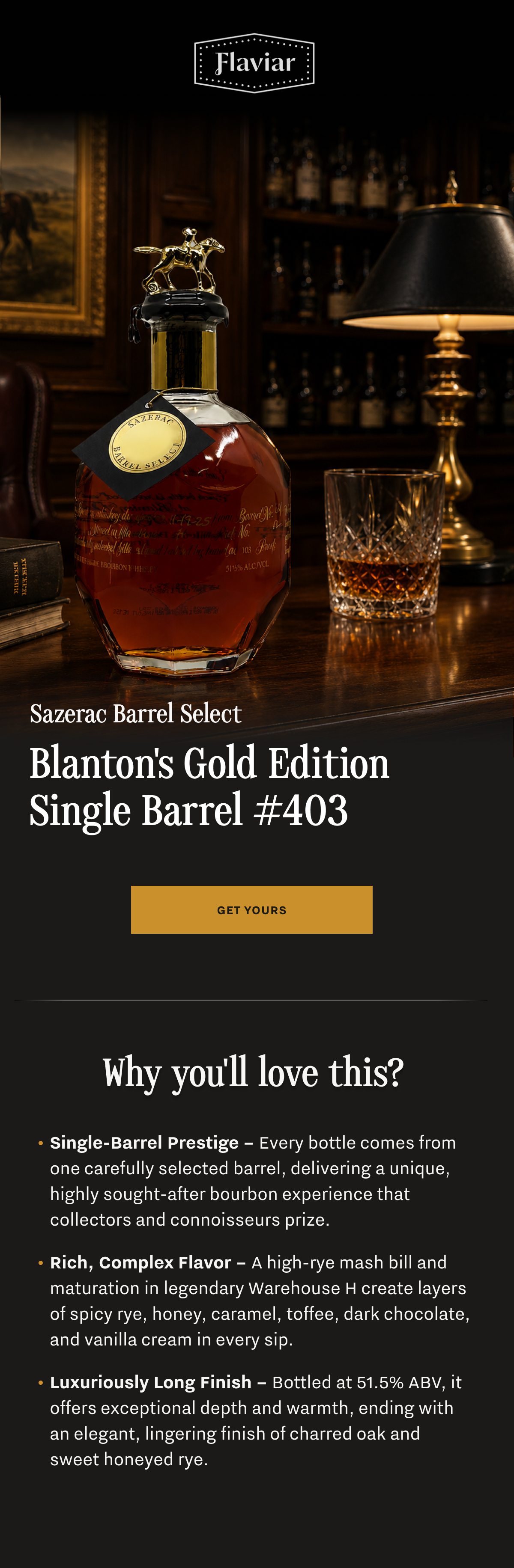Blanton's Gold Single Barrel #403 Sazerac Barrel Select Bourbon Whiskey