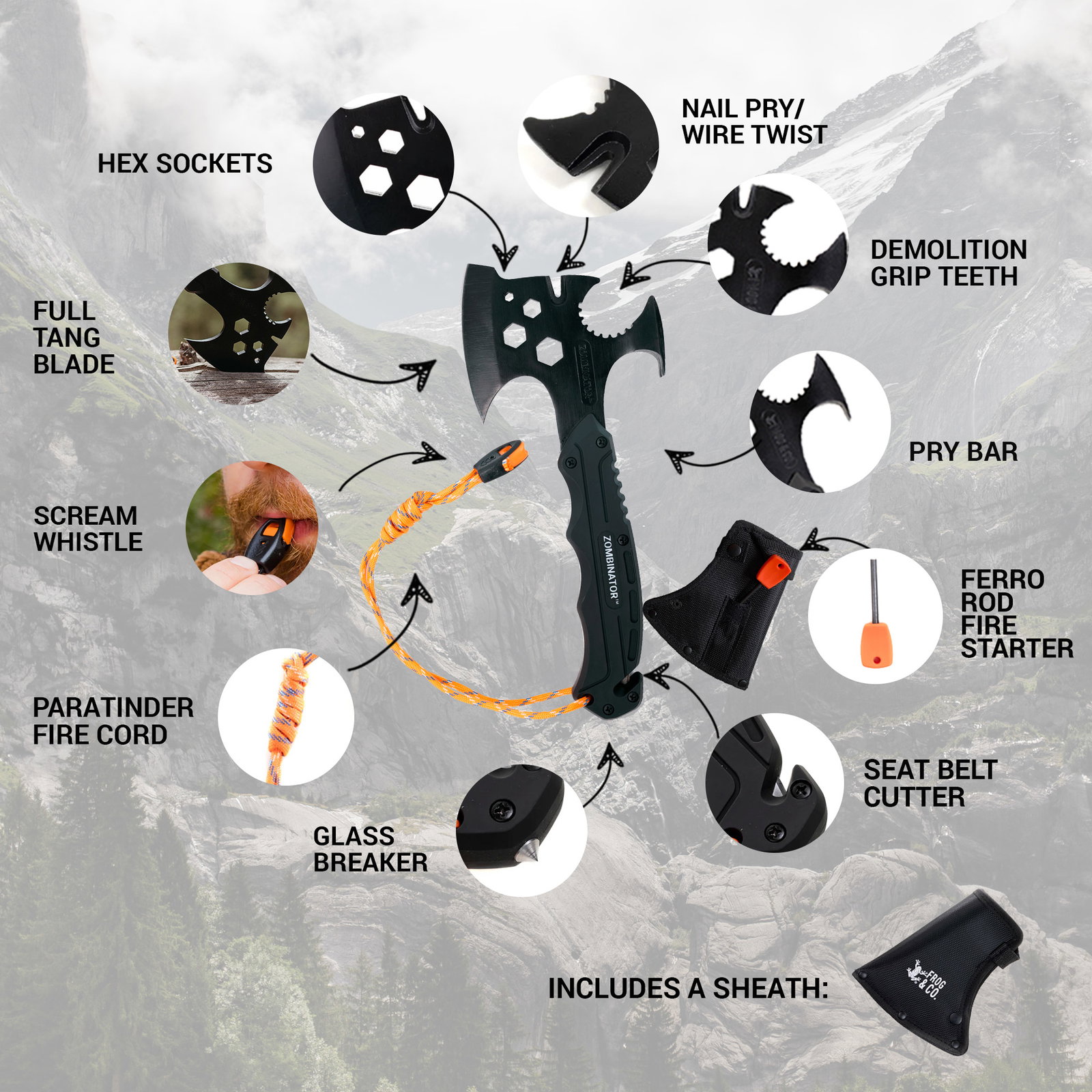 10-in-1 Survival Hatchet - The Zombinator by Frog & Co