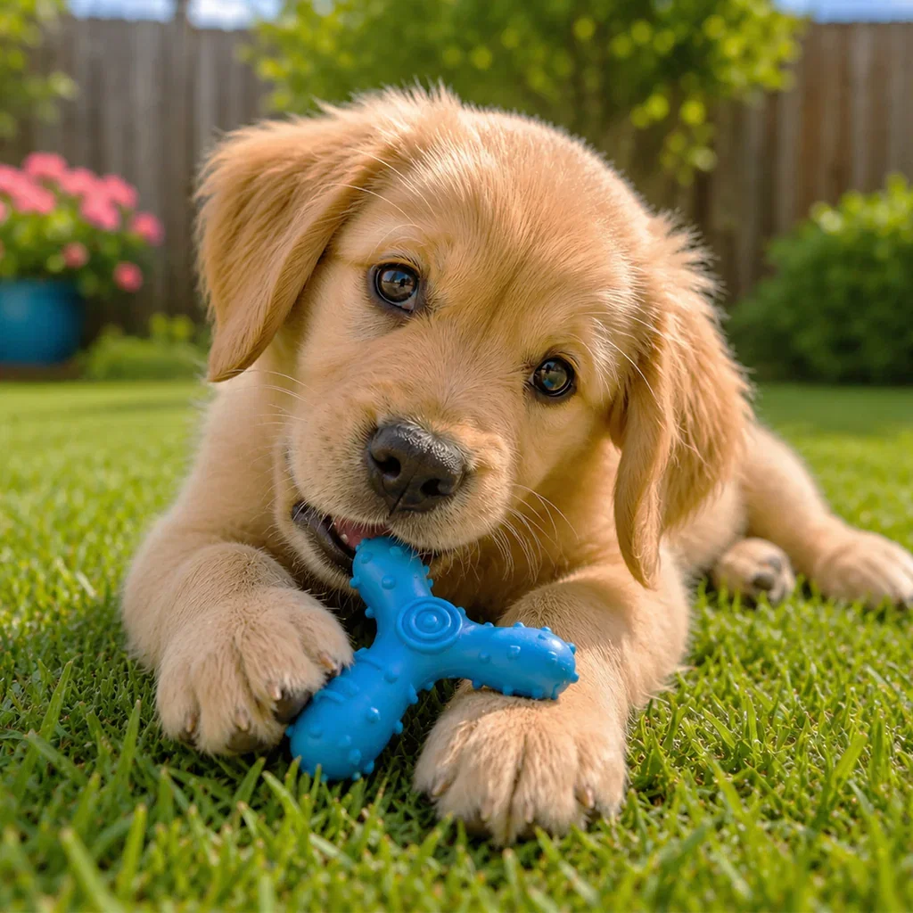 Golden Retriever playing with blue toy on grass in sunny backyard garden