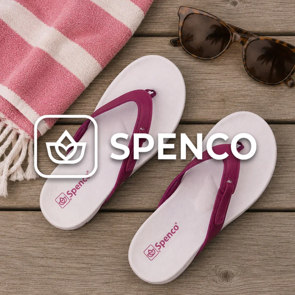 Spenco flip-flops with striped towel and sunglasses on wooden surface